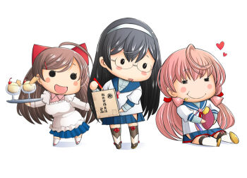 10s 3girls ahoge akashi_(kancolle) apron black_hair blush brown_hair chibi clothing_cutout drooling eating food full_body glasses hair_ornament hair_ribbon hairband hairclip hip_vent ice_cream kantai_collection kappougi long_hair mamiya_(kancolle) multiple_girls ooyodo_(kancolle) open_mouth pink_hair ribbon roasted_sweet_potato sakai_hamachi school_uniform serafuku skirt smile solid_circle_eyes sweet_potato thighhighs tress_ribbon twintails