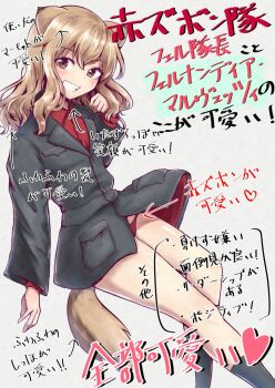 Rule 34 | 1girl, animal ears, black jacket, black socks, brown eyes, brown hair, commentary request, fernandia malvezzi, highres, jacket, liar lawyer, long hair, marmot ears, marmot girl, marmot tail, no pants, open mouth, panties, red panties, red shirt, shirt, smile, socks, solo, strike witches: kurenai no majo-tachi, tail, teeth, translation request, underwear, world witches series