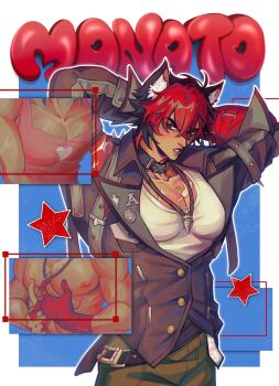 1boy animal_ear_fluff animal_ears arms_behind_head arms_up bandaged_arm bandages black_hair black_jacket blue_background blush border cargo_pants character_name collar cowboy_shot crossed_bangs dog_boy dog_ears green_pants hair_between_eyes half-closed_eyes hashtag-only_commentary heart heart_print highres jacket jewelry komano_manato looking_to_the_side male_focus multicolored_hair multiple_scars multiple_views muscular muscular_male necklace nipples pants parted_lips pectorals red_bandage red_eyes red_hair scar scar_across_eye scar_on_arm scar_on_chest scar_on_face shirt short_hair smock spiked_jacket star_(symbol) tobionart v-shaped_eyebrows white_border white_shirt zenless_zone_zero