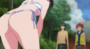10s 1girl 2boys animal_print animated animated_gif ass bent_over bikini black_hair cloud drawstring green_male_swimwear green_swim_trunks grey_male_swimwear grey_swim_trunks gridman_universe leaning_forward lower_body male_swimwear multiple_boys outdoors ponytail side-tie_bikini_bottom sky ssss.gridman strapless strapless_bikini swim_trunks swimsuit takarada_rikka third-party_edit thong thong_bikini tiger_print tree