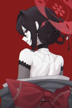 1girl absurdres blue_archive eyeliner from_behind goth_fashion grey_kimono hair_ornament hair_stick halo hayron highres japanese_clothes kimono kokuriko_(blue_archive) makeup red_background red_eyeliner red_halo red_lips simple_background solo spider_web_pattern