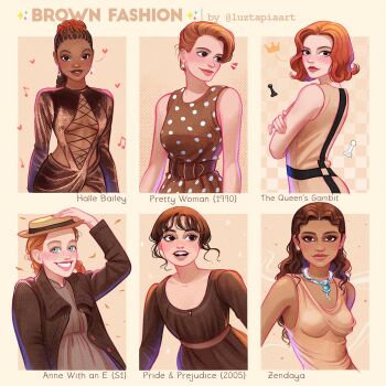 1950s_fashion 6+girls anne_shirley anne_with_an_e belt braid breasts brown_belt brown_cardigan brown_dress brown_hair brown_theme cardigan character_name clothing_cutout commentary copyright_name cornrows dark-skinned_female dark_skin dreadlocks dress elizabeth_bennet elizabeth_harmon english_commentary fashion halle_bailey hat highres jewelry long_hair long_sleeves looking_at_viewer luztapiaart multiple_drawing_challenge multiple_girls necklace open_cardigan open_clothes orange_hair polka_dot polka_dot_dress ponytail pretty_woman pride_and_prejudice real_life short_hair the_queen&#039;s_gambit underboob underboob_cutout very_dark_skin vivian_ward wavy_hair zendaya