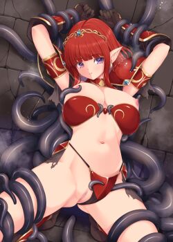 1girl armor bikini bikini_armor breasts breasts_out clenavel cowboy_shot elf kirishima_satoshi large_breasts medium_hair navel nipple_stimulation nipples original pointy_ears purple_eyes red_armor red_bikini red_hair restrained solo spread_legs swimsuit tentacles warrior