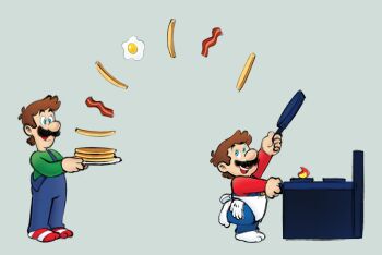 bacon breakfast brown_hair cooking cooliodavid egg_(food) facial_hair food frying_pan hungry luigi mario mario_(series) mustache nintendo bad_tag overalls pancake shirt size_difference smile socks stove striped_clothes striped_socks tongue tongue_out