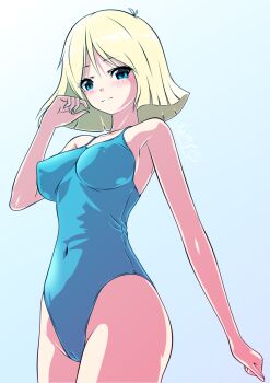 1girl blonde_hair blue_eyes breasts cameltoe closed_mouth covered_navel gundam heyzan highres looking_at_viewer mobile_suit_gundam one-piece_swimsuit sayla_mass short_hair smile solo swimsuit
