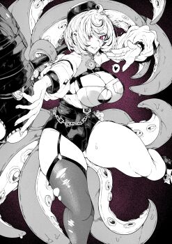 1girl absurdres asymmetrical_shorts bare_shoulders beret black_hat blush breasts button_gap cleavage commentary_request cowlick detached_sleeves feet_out_of_frame garter_straps greyscale_with_colored_background hammer hand_up hat heart high-waist_shorts highres holding holding_behind_back holding_hammer holding_weapon_behind_back large_breasts mole mole_under_mouth monochrome purple_background shirt_tucked_in short_hair shorts single_garter_strap single_thighhigh slime_(substance) solo spoken_heart suction_cups sweat tentacle_girl tentacle_tail tentacles thick_thighs thighhighs thighs torn_clothes torn_thighhighs yidhari_murphy yotsumi_shiro zenless_zone_zero