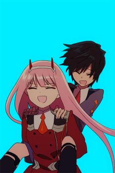 10s 1boy 1girl :d aqua_background black_hair closed_eyes couple darling_in_the_franxx hiro_(darling_in_the_franxx) holding_shoulder horns legwear_garter long_hair military military_uniform necktie open_mouth orange_necktie pink_hair short_hair simple_background smile zero_two_(darling_in_the_franxx)