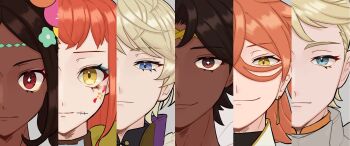 3boys 3girls blonde_hair blue_eyes blue_eyeshadow bunet_(fire_emblem) dark-skinned_female dark-skinned_male dark_skin eyeshadow fire_emblem fire_emblem_engage fogado_(fire_emblem) hahm0106 highres looking_at_viewer makeup merrin_(fire_emblem) multiple_boys multiple_girls nintendo orange_hair pandreo_(fire_emblem) panette_(fire_emblem) pink_eyeshadow timerra_(fire_emblem) yellow_eyes