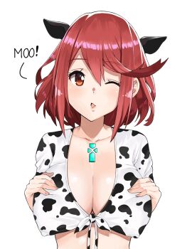 1girl animal_ears animal_print bell blush breasts collarbone covered_erect_nipples cow_ears cow_print cowbell female_focus highres j@ck jewelry large_breasts looking_at_viewer matching_hair/eyes neck_bell nintendo one_eye_closed pyra_(xenoblade) red_eyes red_hair short_hair simple_background smile solo third-party_edit tiara wink xenoblade_chronicles_(series) xenoblade_chronicles_2