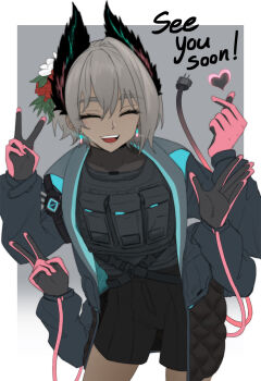 1girl :d ^_^ arknights black_gloves black_jacket black_shorts border closed_eyes contrapposto cowboy_shot dark-skinned_female dark_skin dokonjou_(odossan) double_v earrings electric_plug electric_plug_tail english_text facing_viewer finger_heart gloves grey_hair hair_between_eyes heart highres jacket jewelry open_clothes open_jacket open_mouth outside_border pink_gloves pouch raidian_(arknights) short_hair shorts smile solo standing strap tail tail_raised v white_border