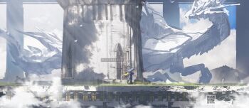 1girl 1other artist_name asteroid_ill bag black_coat black_pants blonde_hair building character_name cloud coat day dialogue_box dragon dragon_tail dragon_wings eastern_dragon extra_eyes fantasy floating floating_hair fog from_side giant giant_monster grass hat helmet highres holding holding_suitcase holding_sword holding_weapon horns iris_(asteroid_ill) long_hair long_sleeves looking_at_another monster original outdoors pants pillar qr_code red_eyes scenery shadow signature size_difference sky smile suitcase sword tail very_long_hair watermark weapon wide_shot wings witch witch_hat