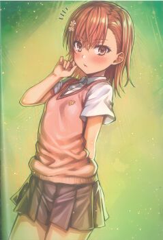 Rule 34 | 1girl, absurdres, asymmetrical bangs, breasts, brown eyes, brown hair, brown sweater vest, collared shirt, comiket 106, green background, grey skirt, hair between eyes, hair ornament, hairpin, highres, isshi pyuma, looking at viewer, medium hair, miniskirt, misaka mikoto, notice lines, pleated skirt, scan, school emblem, school uniform, shirt, short sleeves, simple background, skirt, small breasts, solo, summer uniform, sweater vest, toaru kagaku no railgun, toaru majutsu no index, tokiwadai school uniform, v-neck, white shirt