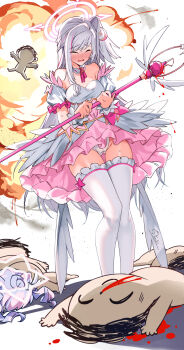 2girls blood bloody_weapon blush cameltoe dress embarrassed explosion halo head_wings highres magical_girl multicolored_hair multiple_boys multiple_girls nosebleed panties pink_dress reisa_(blue_archive) reisa_(magical)_(blue_archive) sensei_(blue_archive) short_dress suzumi_(blue_archive) suzumi_(magical)_(blue_archive) thighhighs twintails underwear weapon white_hair white_panties wings
