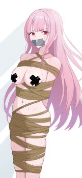 1girl absurdres bdsm bondage bound commission gag highres hololive hololive_english improvised_gag long_hair looking_at_viewer mori_calliope mummification_(bound) mummification_(non_bound) pink_hair raftetram red_eyes restrained shibari skeb_commission solo sweat tape tape_gag white_background