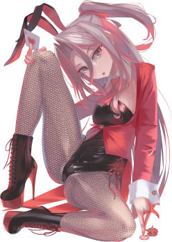 Rule 34 | 1girl, absurdres, ace (playing card), ace of hearts, alternate costume, alternate hairstyle, animal ears, black leotard, boots, bow, bowtie, breasts, card, coat, coattails, commentary request, detached collar, fei (feikotake), fishnet pantyhose, fishnets, grey hair, heart, highres, kantai collection, lace-up boots, leotard, necktie, one side up, pantyhose, platform boots, playboy bunny, playing card, rabbit ears, rabbit tail, red coat, red necktie, simple background, small breasts, solo, strapless, strapless leotard, tail, tailcoat, tailcoat playboy bunny, tongue, tongue out, white background, wrist cuffs, zuihou (kancolle)