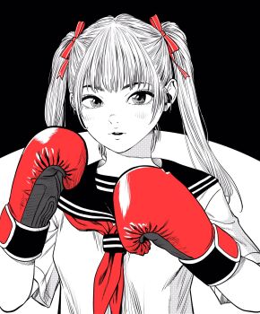 1girl bow boxing breasts commentary_request eyebrows_hidden_by_hair gloves greyscale hair_bow hatching_(texture) highres lee_(dragon_garou) light_blush long_hair monochrome neckerchief original parted_lips red_bow red_gloves red_neckerchief school_uniform serafuku small_breasts solo spot_color twintails upper_body