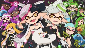 4boys 6+girls agent_3_(splatoon) bare_shoulders behind-the-head_headphones black_dress black_hair black_jacket blue_eyes blue_hair bow-shaped_hair callie_(splatoon) callie_(squid_sisters_outfit)_(splatoon) cat character_print collar cross-shaped_pupils dark-skinned_male dark_skin detached_collar dress earrings fangs gloves gradient_hair green_hair green_shirt grey_hair grin hair_ornament hair_scrunchie headphones hero_charger_(splatoon) hero_roller_(splatoon) high-visibility_clothing high-visibility_vest highres holding holding_weapon inkling inkling_boy inkling_girl inkling_player_character jacket jellyfish_(splatoon) jewelry judd_(splatoon) kinagi_(3307377) long_hair long_sleeves looking_at_viewer marie_(splatoon) marie_(squid_sisters_outfit)_(splatoon) medium_hair mole mole_under_eye multicolored_hair multicolored_scrunchie multiple_boys multiple_girls nintendo one_eye_closed open_mouth orange_hair pink_eyes pink_hair pink_shirt pointy_ears print_shirt purple_hair scrunchie shirt smile splatoon_(series) splatoon_1 strapless strapless_dress swept_bangs symbol-shaped_pupils t-shirt tentacle_hair thick_eyebrows topknot twintails twitter_username two-tone_hair weapon white_collar white_gloves yellow_eyes zapfish