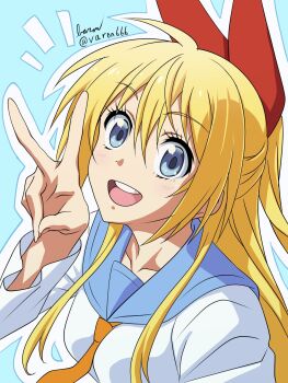 1girl anime_coloring artist_name baron_(varon666) blonde_hair blue_background blue_eyes blue_sailor_collar blush collarbone commentary_request hair_between_eyes hair_ribbon highres kirisaki_chitoge long_sleeves necktie nisekoi open_mouth orange_necktie outline red_ribbon ribbon round_teeth sailor_collar school_uniform shirt signature simple_background teeth twitter_username upper_body upper_teeth_only v white_outline white_shirt