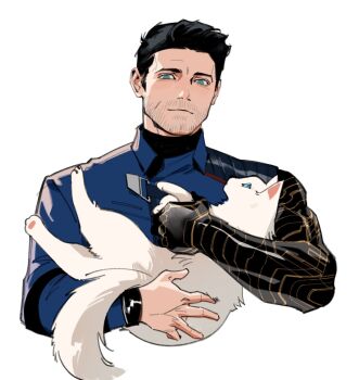 1boy allie_lynee animal animal_ears aqua_eyes black_hair blue_jacket bucky_barnes captain_america_(series) cat cat_ears cat_tail closed_mouth commentary empty_eyes english_commentary facial_hair highres holding holding_animal jacket long_sleeves looking_at_viewer male_focus marvel pet prosthesis prosthetic_arm short_hair simple_background smile tail the_falcon_and_the_winter_soldier upper_body white_background white_cat