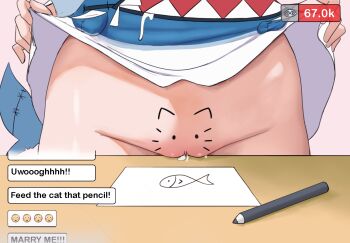 1girl blue_dress body_writing clothes_lift dress dress_lift fins fish_tail gawr_gura gawr_gura_(1st_costume) gnort groin hololive hololive_english lifting_own_clothes loli lower_body no_panties paper pencil pussy pussy_juice shark_girl shark_tail solo stomach tail virtual_youtuber