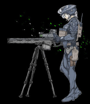 absurdres armor armored_bodysuit black_background bodysuit closed_mouth combat_helmet commentary english_commentary expressionless field_radio from_side full_body goddess_of_victory:_nikke grey_bodysuit grey_hair gun headset helmet highres holding holding_gun holding_weapon load_bearing_vest military ogirin3948 product_08_(nikke) scope short_hair sidelocks standing tripod weapon yellow_eyes