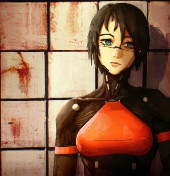 Rule 34 | 1girl, absurdres, android, black hair, blue eyes, commentary, elster (signalis), expressionless, highres, looking at viewer, red pupils, renko 040, short hair, signalis, silent hill (series), silent hill 3, skin seams, solo, tile wall, tiles, upper body