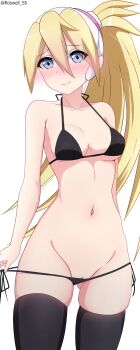 1girl absurdres artist_name bikini black_bikini black_thighhighs blonde_hair blue_eyes blush breasts ciel_(mega_man) cleavage cleft_of_venus closed_mouth collarbone female_focus gluteal_fold hair_between_eyes helmet highres long_hair looking_at_viewer medium_breasts mega_man_(series) mega_man_zero_(series) micro_bikini navel paid_reward_available ponytail pussy pussy_peek roswell_ss side-tie_bikini_bottom simple_background solo stomach swimsuit thighhighs white_background