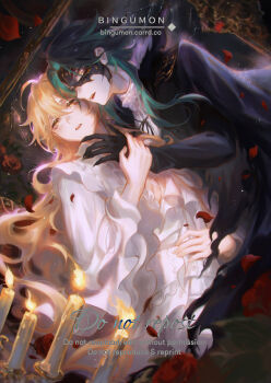 2boys aether_(genshin_impact) ahoge alternate_costume alternate_hairstyle aqua_hair artist_name ascot black_cloak black_hair black_hands black_jacket black_mask black_ribbon blonde_hair broken_mirror candle claws cloak colored_extremities commentary english_commentary evee_(bingumon) eyeshadow flower frills genshin_impact hair_between_eyes hand_up highres holding_another's_wrist jacket leaf long_hair long_sleeves looking_ahead makeup male_focus mirror multicolored_hair multiple_boys neck_ribbon open_mouth petals red_eyeshadow red_flower red_rose ribbon rose shirt sidelocks sitting teeth two-tone_hair watermark wavy_hair white_ascot white_shirt wide_sleeves xiao_(genshin_impact) yaoi yellow_eyes