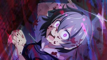 1girl arm_up axe blood blood_in_hair blood_on_arm blood_on_clothes blood_on_face blood_splatter crazy crying dutch_angle game_cg glint grey_hair hair_between_eyes highres higurashi_no_naku_koro_ni higurashi_no_naku_koro_ni_mei holding holding_axe hood hood_down kimiyoshi_kazuho non-web_source official_art open_mouth outdoors shirt short_hair short_sleeves solo teeth upper_body v-shaped_eyebrows white_shirt