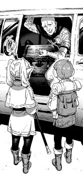 1girl 2boys arm_up armor backpack bag bald beckoning belt belt_pouch boots capelet chilchuck_tims crossover dungeon_meshi earrings elf facing_another frieren fromsoftware gloves greyscale hair_over_shoulder halfling highres holding holding_staff ireading jewelry large_ears leather_armor long_hair long_sleeves looking_at_another mimic mimic_chest miniskirt monochrome motor_vehicle multiple_boys multiple_crossover pants pantyhose patches_(fromsoftware) petite pointy_ears pouch scarf shirt short_hair skirt smile sousou_no_frieren staff standing treasure_chest twintails vambraces van