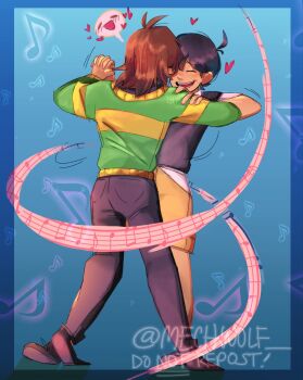 Rule 34 | 1boy, 1other, antenna hair, artist name, black hair, black pants, black shoes, black sweater vest, brown hair, brown shorts, closed eyes, collared shirt, commentary, dancing, deltarune, english commentary, green sweater, heart, highres, holding hands, interlocked fingers, kris (deltarune), long sleeves, mechwolf, musical note, musical staff, omori, open mouth, pants, shirt, shoes, short hair, short sleeves, shorts, spoken expression, sunny (omori), sweater, sweater vest, teeth, tongue, twitter username, utdr (toby fox), white shirt