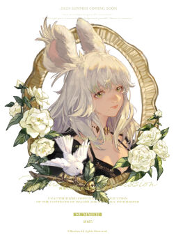1girl 2025 absurdres animal_ears bird closed_mouth copyright_notice cropped_shoulders final_fantasy final_fantasy_xiv flower highres huiyouniao mole mole_under_mouth rabbit_ears solo viera warrior_of_light_(ff14) watermark white_bird white_flower white_hair yellow_eyes