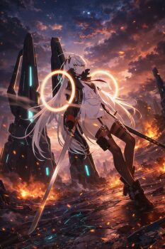 Rule 34 | 1girl, black boots, black thighhighs, boots, counter:side, garter belt, grey hair, hair between eyes, highres, hilde (counter:side), holding, holding sword, holding weapon, long hair, solo, star savior, sword, thighhighs, thighs, weapon, yellow eyes, zanlyu