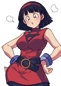 Rule 34 | 1girl, absurdres, belt, black belt, black hair, black leggings, blue eyes, blunt bangs, blunt ends, bob cut, bracelet, breasts, commentary request, cowboy shot, dragon ball, dragon ball super, dress, hairband, hands on own hips, highres, jewelry, large breasts, leggings, looking down, open mouth, otyumamii, puff of air, red dress, red hairband, short hair, sleeveless, sleeveless dress, solo, turtleneck, turtleneck dress, videl, white background