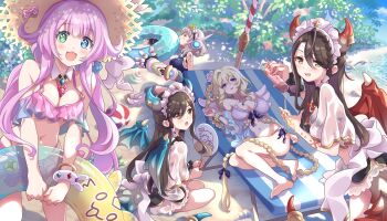 Rule 34 | 5girls, absurdres, alternate costume, angel wings, back bow, beach, beach chair, between breasts, bikini, black bikini, black hair, blonde hair, blue eyes, blue horns, blue one-piece swimsuit, blue tail, blue wings, bow, bracelet, braid, breasts, chest jewel, criss-cross halter, croce (princess connect!), dragon horns, dragon tail, dragon wings, feathered wings, frilled bikini, frills, green eyes, grey hair, hair flaps, half updo, halterneck, hand fan, hat, hat bow, heterochromia, highres, holding, holding sunscreen, holding swim ring, horns, innertube, jewelry, kururu (princess connect!), large breasts, lind (princess connect!), long braid, looking at viewer, low twintails, lying, lyrael (princess connect!), maid, maid headdress, mechanical arms, multiple girls, navel, on back, one-piece swimsuit, open mouth, outdoors, pink bikini, pink hair, princess connect!, purple eyes, red horns, red tail, red wings, robot ears, robot girl, see-through clothes, siblings, sidelocks, sitting, smile, standing, straw hat, striped bow, swim ring, swimsuit, tail, tsukachii, twins, twintails, white bikini, wings, wurm (princess connect!), yellow eyes