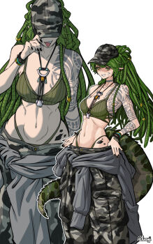 1girl arknights arm_tattoo black_nails bra breasts camouflage camouflage_hat camouflage_pants chest_tattoo clothes_around_waist commentary furauji gavial_(arknights) green_bra green_hair grin jacket jacket_around_waist long_hair medium_breasts multiple_views navel pants panty_straps pointy_ears smile symbol-only_commentary tattoo tongue tongue_out underwear very_long_hair white_background