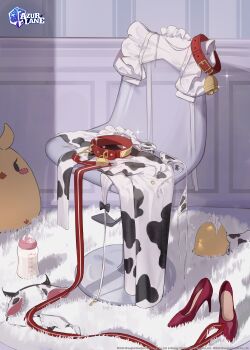 absurdres artist_request azur_lane baby_bottle bell bottle chair collar commentary english_commentary fake_horns hairband high_heels highres horns manjuu_(azur_lane) no_humans official_art red_collar red_shoes second-party_source shoes unworn_clothes