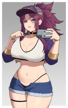 1girl akali asymmetrical_legwear baseball_cap bracelet breasts choker cleavage clothes_pull crop_top cropped_jacket denim denim_shorts hat highleg highleg_panties highres holding holding_phone huge_breasts idol jacket jewelry k/da_(league_of_legends) k/da_akali k3nnyn3v league_of_legends midriff navel open_clothes panties phone ponytail purple_hair selfie short_shorts shorts solo taking_picture underboob underwear undressing uneven_legwear