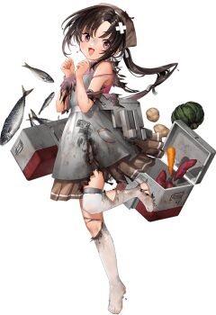 1girl apron artist_request bad_link bandana black_hair brown_bandana brown_skirt burnt_clothes camisole carrot collared_shirt cooler crossed_bandaids dirty dirty_face fish food full_body grey_apron kantai_collection long_hair looking_at_another machinery nankai_(kancolle) pink_camisole pink_shirt pleated_skirt potato red_eyes shirt side_ponytail skirt smile solo standing standing_on_one_leg strap_slip sweet_potato thighhighs transparent_background white_thighhighs