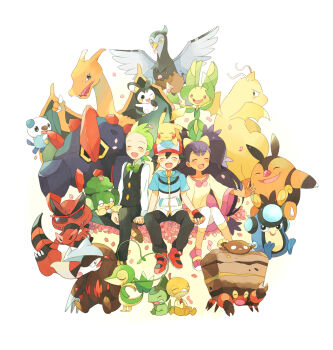 10s 1girl 2boys :3 antennae armor artistic_error ash_ketchum axew baseball_cap beak bird black_eyes black_gloves black_hair black_pants blue_eyes blush boldore boulder bow bowtie brown_footwear charizard cilan_(pokemon) clam claws closed_eyes collar crossed_arms crustle crying dark_skin dragonite emolga excadrill fangs fingerless_gloves flower flying formal_clothes gen_1_pokemon gen_5_pokemon gloves green_eyes green_fur green_hair grey_eyes happy hat heart highres hood hoodie horns iris_(pokemon) krookodile leaf leavanny leggings long_hair mei_(maysroom) multiple_boys nintendo one_eye_closed oshawott palpitoad pansage pants petals pignite pikachu pink_footwear pink_skirt plant pocket pokemon pokemon_(anime) pokemon_(creature) pokemon_bw ponytail purple_hair red_eyes red_footwear red_headwear ribbon rock scraggy seed serious shell shirt shoes shy simple_background single_horn sitting skirt smile sneakers snivy stunfisk sunglasses tail tears thumbs_up tongue unfezant very_long_hair vest vines white_background white_headwear white_shirt wings wink yellow_eyes
