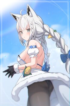 1girl absurdres ahoge alternate_costume animal_ear_fluff animal_ears arm_strap bare_shoulders black_gloves black_leotard black_pantyhose blue_bow blush bow braid cloud cloudy_sky commentary_request corn cosplay fox_ears fox_girl fox_tail gloves green_eyes hair_between_eyes hair_bow hair_in_food highres hololive kumarang leotard long_hair looking_at_viewer looking_back pantyhose playboy_bunny shirakami_fubuki sidelocks single_braid sky solo tail twin_braids usada_pekora usada_pekora_(1st_costume) usada_pekora_(cosplay) virtual_youtuber white_hair