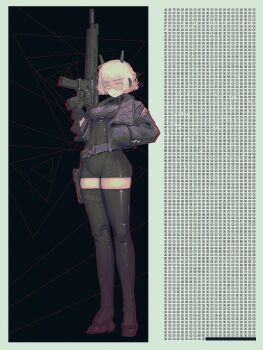 1girl :&lt; belt black_background black_bodysuit black_gloves black_jacket blunt_bangs bob_cut bodysuit bomber_jacket border breasts covered_navel cyberpunk cyborg finger_on_trigger full_body gloves grey_border gun hand_in_pocket hand_up hexadecimal highres holding holding_gun holding_weapon jacket looking_at_viewer mechanical_legs notfuji open_clothes open_jacket original outline outside_border radio_antenna red_outline safety_glasses short_hair small_breasts solo standing thighhighs translation_request triangle_background utility_belt weapon weapon_request white_hair zettai_ryouiki