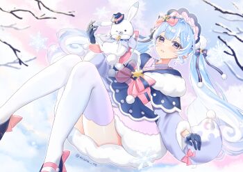 Rule 34 | 1girl, absurdres, animal, aqua hair, black shoes, blue bonnet, blue eyes, blue gloves, bonnet, bow, commentary request, cool colored, curly hair, dress, feet out of frame, footwear bow, fur-trimmed sleeves, fur trim, gloves, gradient legwear, hair between eyes, hair bow, hair ornament, hatsune miku, highres, japanese clothes, kimono, layered dress, long hair, long sleeves, looking at viewer, mizna te, multicolored hair, official alternate costume, official alternate hairstyle, one eye closed, paintbrush, parted lips, pink bow, pink thighhighs, pom pom (clothes), pom pom hair ornament, rabbit, rabbit yukine, shoes, short dress, short kimono, streaked hair, thighhighs, twintails, twitter username, two-tone hair, very long hair, vocaloid, white hair, white rabbit (animal), wide sleeves, yuki miku, yuki miku (2023), zettai ryouiki