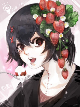 Rule 34 | 1boy, androgynous, black hair, collarbone, commentary request, cream, dated, eating, flower, food, food-themed hair ornament, fruit, fruit hair ornament, hair between eyes, hair flower, hair ornament, highres, holding, holding spoon, leaf hair ornament, looking at viewer, male focus, open mouth, red eyes, shishi (eai make), short hair, signature, solo, spoon, stitched face, stitched neck, stitches, strawberry, strawberry hair ornament, suzuya juuzou, teeth, tokyo ghoul, tokyo ghoul:re, translation request, upper teeth only, water drop, white flower, x hair ornament