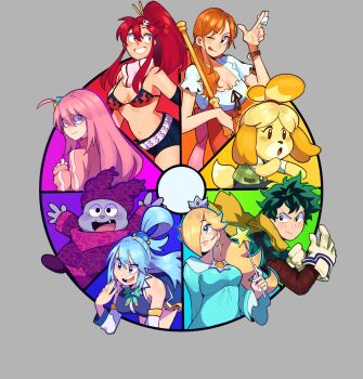 2boys 6+girls absurdres animal_crossing aqua_(konosuba) belt bikini bikini_top_only black_shorts blonde_hair blue_dress blush bocchi_the_rock! boku_no_hero_academia bracelet breasts chowder_(character) chowder_(series) cleavage color_wheel_challenge colored_skin crossover crown dog_girl dog_tail dress earrings furry gloves gotoh_hitori green_hair green_shirt grey_background grey_skin hair_between_eyes hair_over_one_eye hair_rings hand_up highres isabelle_(animal_crossing) jacket jewelry kono_subarashii_sekai_ni_shukufuku_wo! long_hair long_sleeves maejpg mario_(series) medium_breasts midoriya_izuku multiple_boys multiple_crossover multiple_drawing_challenge multiple_girls nami_(one_piece) nami_(one_piece)_(whole_cake_island) navel nintendo one_eye_closed one_piece orange_hair pink_hair pink_jacket pink_track_suit plaid_clothes plaid_shirt ponytail purple_headwear red_hair rosalina scarf shadow shirt short_hair short_sleeves shorts sleeveless sleeveless_shirt star_(symbol) star_wand super_mario_galaxy swimsuit tail tengen_toppa_gurren_lagann tongue tongue_out track_jacket track_suit wand white_belt white_gloves white_shirt yellow_scarf yoko_littner