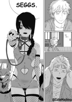 1boy 1girl bdsm black_hair blonde_hair braid breasts chainsaw_man collar comic cutiemachina denji_(chainsaw_man) dog dress english_text facial_tattoo fishnets greyscale hair_ornament hairclip heart heart_tattoo highres holding holding_leash leash looking_at_viewer meme monochrome nail_polish navel_piercing nayuta_(chainsaw_man) open_mouth petite piercing pointing pointing_at_viewer ringed_eyes seggs_(meme) sharp_teeth short_hair single_braid slave small_breasts speech_bubble tattoo teeth thong