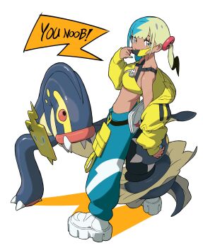1girl absurdres aqua_hair asdf_4532 bandeau bare_shoulders belt black_belt black_mask black_pants blonde_hair blue_eyes blue_pants boots breasts canari_(pokemon) collarbone colored_sclera criss-cross_straps dark-skinned_female dark_skin eel eelektross fangs fish gen_4_pokemon gen_5_pokemon hashtag-only_commentary highres jacket lamprey long_sleeves looking_at_viewer mask mask_pull medium_breasts mega_stone mouth_mask multicolored_hair nintendo open_mouth pants pokemon pokemon_(creature) pokemon_legends:_z-a red_sclera rotom rotom_phone short_twintails speech_bubble split-color_hair sports_bra twintails two-tone_hair two-tone_mask two-tone_pants white_boots yellow_bandeau yellow_jacket yellow_mask yellow_sports_bra