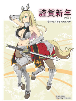 1girl 2025 2026 animal_ears arm_up armor armpit_crease bare_shoulders bikini bikini_armor bikini_top_only black_bikini blonde_hair blue_eyes breasts centaur chinese_zodiac cleavage closed_mouth collarbone commentary_request fake_animal_ears full_body gauntlets hair_between_eyes hand_on_own_hip highres holstered hooves horse_ears horse_tail kimura_shigetaka large_breasts leg_armor long_hair midriff monster_girl multiple_legs navel original pointy_ears sidelocks solo standing swimsuit sword tail taur typo visor_(armor) watermark weapon web_address year_of_the_horse