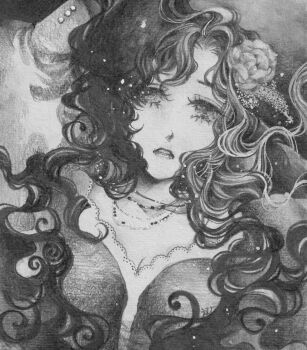 Rule 34 | 1girl, breasts, cleavage, commentary request, emu (bleudoux r), eyelashes, flower, graphite (medium), greyscale, hair flower, hair ornament, highres, isolde (reverse:1999), jewelry, long hair, looking at viewer, monochrome, necklace, parted lips, reverse:1999, solo, traditional media, upper body, wavy hair