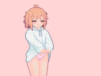1girl ahoge animated animated_gif blush clothes_lift drawstring feet_out_of_frame female_focus flashing hood hoodie hoodie_lift lifting_own_clothes loli looping_animation no_pants orange_hair original panties pink_background pink_panties pixel_art short_hair solo sotie standing underwear white_hoodie
